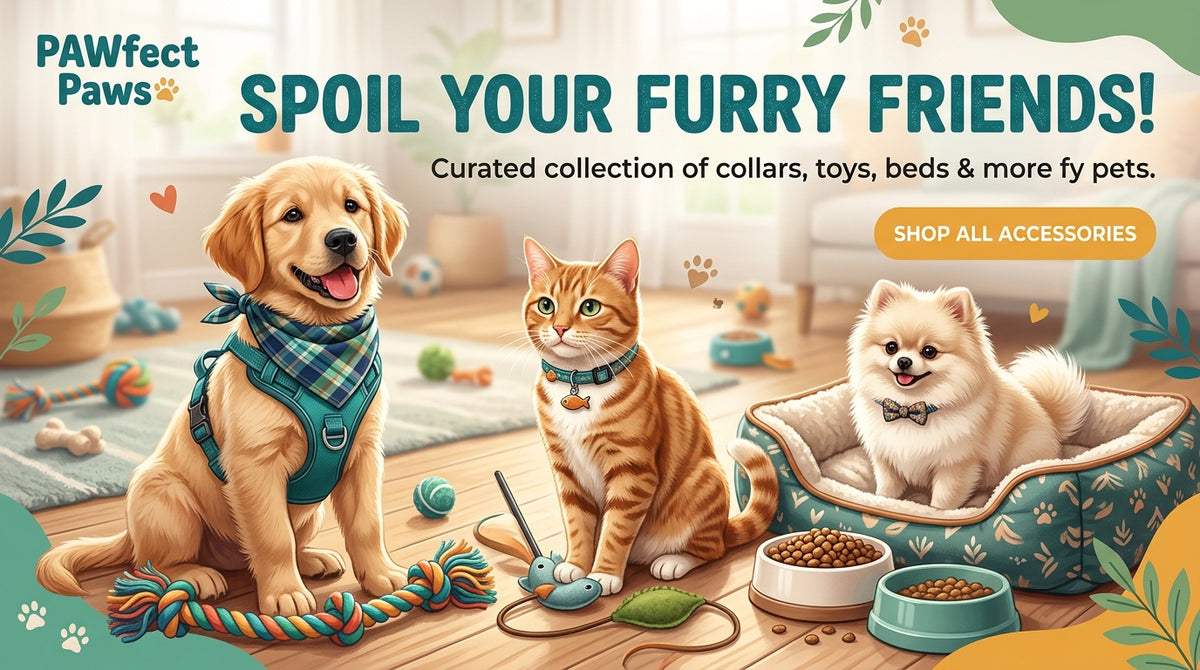 Promotional banner for 'PAWfect Paws' featuring three cute cartoon pets—a golden retriever, an orange tabby cat, and a fluffy white Pomeranian—wearing accessories like a teal harness, collar, and bow tie, with toys, bowls, and a pet bed in a cozy room. Text reads 'SPOIL YOUR FURRY FRIENDS!' and 'Curated collection of collars, toys, beds & more fy pets.